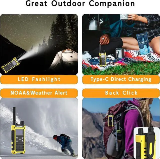 Alt view image 7 of 7 - T3F IP67 Waterproof Walkie Talkies, FRS Two Way Radio with Earpiece, Triple Proof, Three Charging Options, USB/Type C Radio, NOAA, VOX (2 Pack), Black/Yellow