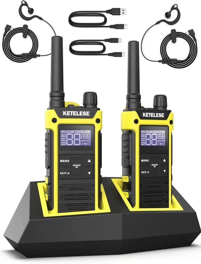 Main image of T3F IP67 Waterproof Walkie Talkies, FRS Two Way Radio with Earpiece, Triple Proof, Three Charging Options, USB/Type C Radio, NOAA, VOX (2 Pack), Black/Yellow