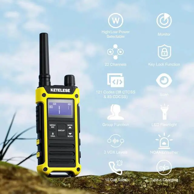 Alt view image 4 of 7 - T3F IP67 Waterproof Walkie Talkies, FRS Two Way Radio with Earpiece, Triple Proof, Three Charging Options, USB/Type C Radio, NOAA, VOX (2 Pack), Black/Yellow