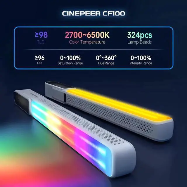 Alt view image 5 of 7 - CINEPEER CF100 100W RGB Light Stick Handheld LED Video Light Wand 2700K-6500K CRI 96+ TLCI 98+ Port Fill Light with 6 Light Effect Continuous Output Photography Tube Combo