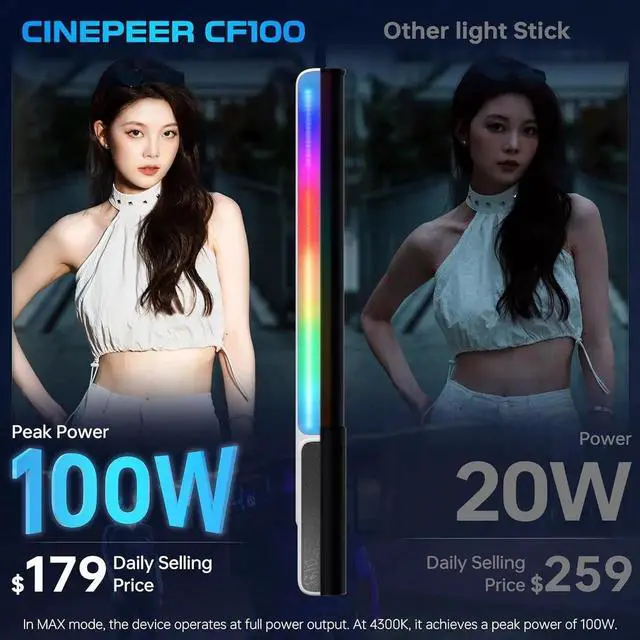 Alt view image 3 of 7 - CINEPEER CF100 100W RGB Light Stick Handheld LED Video Light Wand 2700K-6500K CRI 96+ TLCI 98+ Port Fill Light with 6 Light Effect Continuous Output Photography Tube Combo