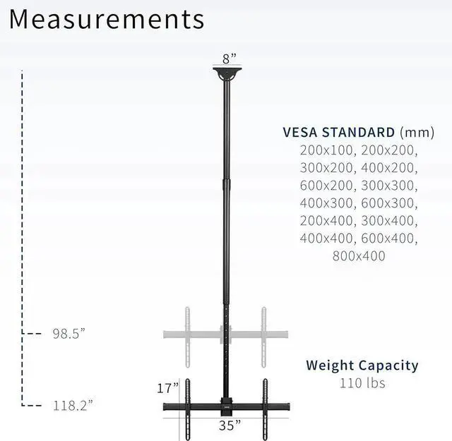 Alt view image 5 of 7 - Ceiling Swivel TV Mount for 37 to 90 inch Screens, Telescoping Height Adjuent with 10ft tension Pole, Fits Pitched/Vaulted Roof, VESA up to 800x400, ack, MOUNT-VC90-10