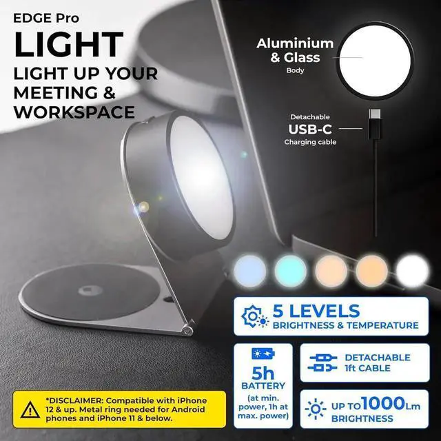 Alt view image 3 of 6 - Edge Pro Full Kit - Mount for Mobile Magnetic Phone Holder, Stand & Wireless Charger, 1000 Lumen Light, Black