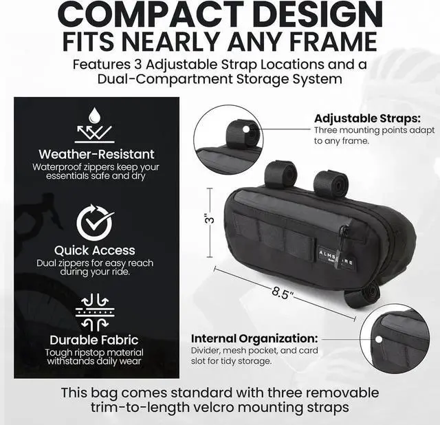 Alt view image 4 of 5 - Compact Bike Frame Bag Midnight Black | Weather-Resistant, Waterproof Zippers & Dual-Sided Access for Road, MTB, and Ebike Frames