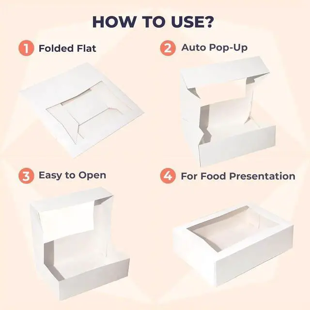 Alt view image 7 of 7 - 100 Pack 14 x 10 x 4 Inches White Bakery Boxes with Window, Auto-Popup Cardboard Gift Packaging and Baking Containers, Cupcake, Cookie and Loaf Bread Boxes