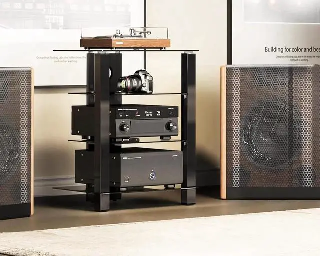 Alt view image 4 of 7 - 4-Tier AV Media Cabinet Stand Component Cabinet, Gaming TV Stand and Stereo Rack Audio Tower with Height Adjust Tempered Glass Shelves, AS406003GB