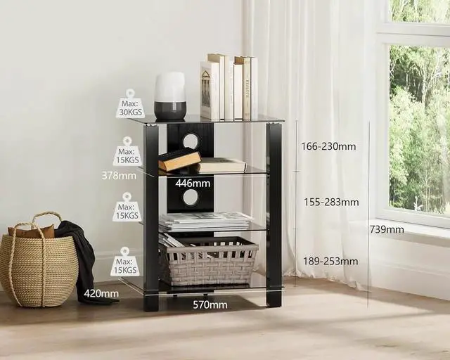 Alt view image 3 of 7 - 4-Tier AV Media Cabinet Stand Component Cabinet, Gaming TV Stand and Stereo Rack Audio Tower with Height Adjust Tempered Glass Shelves, AS406003GB