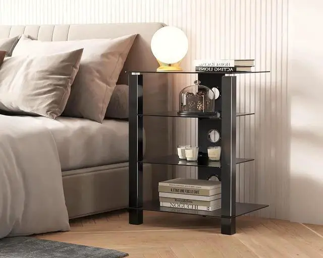 Alt view image 7 of 7 - 4-Tier AV Media Cabinet Stand Component Cabinet, Gaming TV Stand and Stereo Rack Audio Tower with Height Adjust Tempered Glass Shelves, AS406003GB