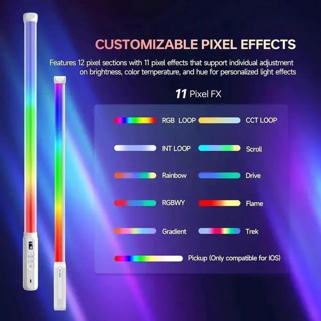 Alt view image 3 of 7 - P12 2 Pack RGB Tube Light, Full Color RGBWY Handheld LED Stick Light Wand with DMX App Control, 11 Pixel Effects 26 Scenes, Built-in Magnet, 2500-8500K, 2500mAh Battery, PD Fast Charging