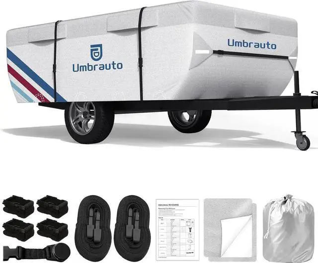 Main image of Pop Up Camper Cover for 16'-18' Folding Tent Trailers, 300D Silver Oxford, Waterproof, Windproof, Sun-Resistant, Tear-Resistant, Heavy-Duty RV Cover with Straps & Air Vents