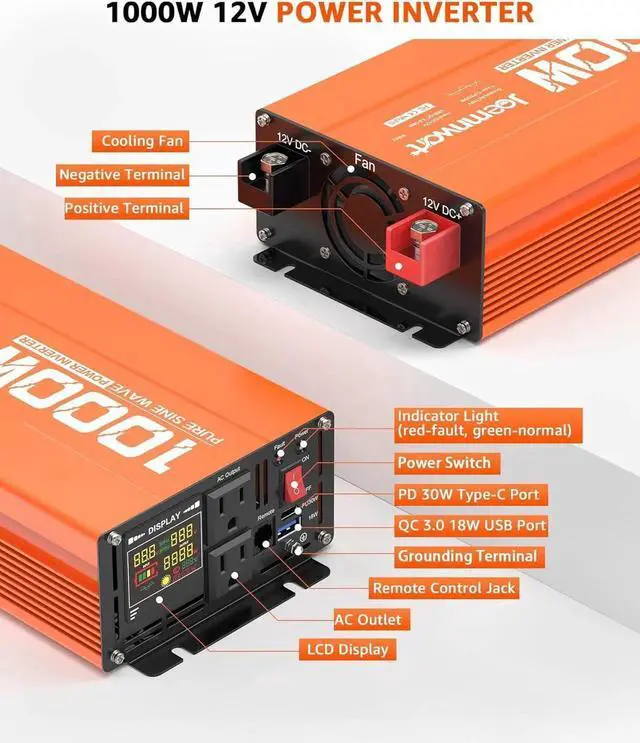 Alt view image 7 of 7 - 1000W/2000W(Peak) Power Inverter DC 12V to 110V AC with LCD Display, Remote Control, 2 Outlets, Fast Charging USB Charger, Car Pure Sine Wave for Home Laptop Truck