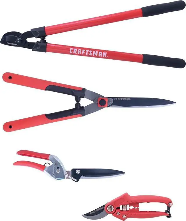 Main image of 4-Piece Pruning Tools Set with Bypass Pruner, Lopper, Wavy Blade Hedge Shears & Swivel Grass Red -
