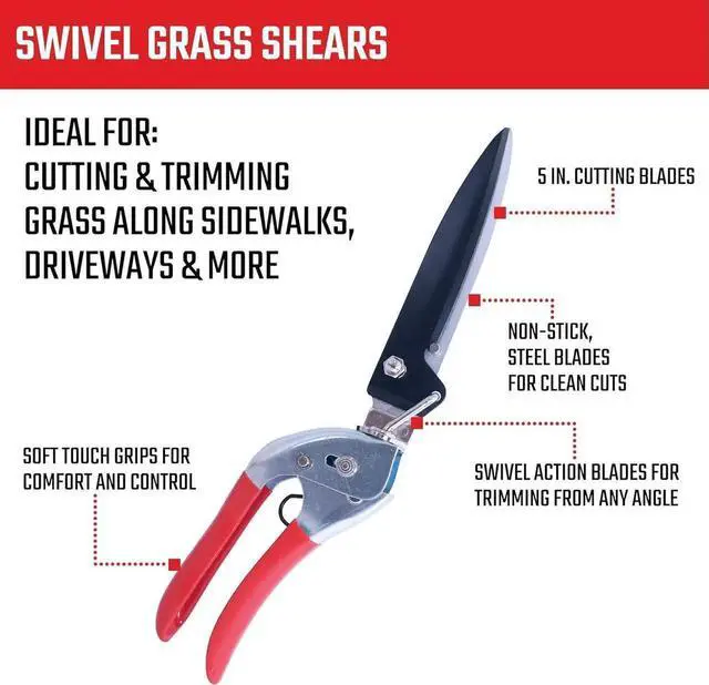 Alt view image 2 of 7 - 4-Piece Pruning Tools Set with Bypass Pruner, Lopper, Wavy Blade Hedge Shears & Swivel Grass Red -