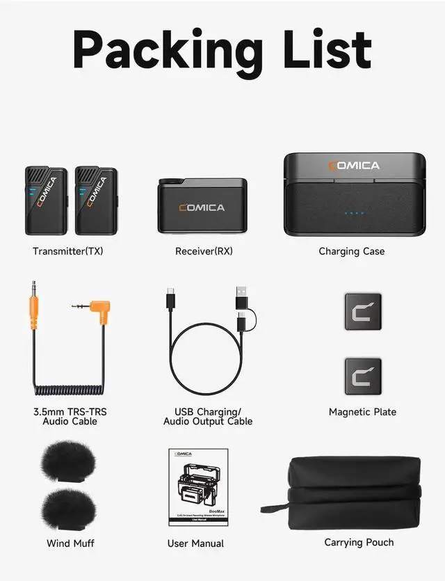 Alt view image 6 of 7 - BooMax Wireless Lavalier Microphone System, 32-Bit Float Mic with 32GB Internal Recording, Touchscreen, Noise Cancellation, Dual Lapel Mics for iPhone, Android, DSLR, Camera, Video, Streaming