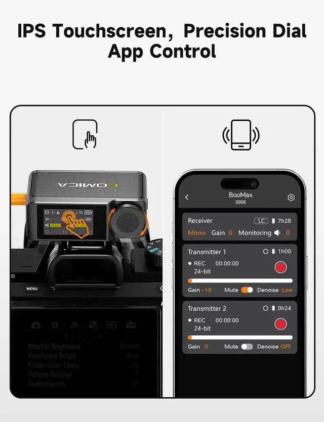 Alt view image 3 of 7 - BooMax Wireless Lavalier Microphone System, 32-Bit Float Mic with 32GB Internal Recording, Touchscreen, Noise Cancellation, Dual Lapel Mics for iPhone, Android, DSLR, Camera, Video, Streaming