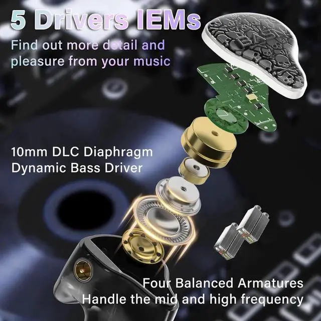 Alt view image 7 of 7 - Bmaster5 in Ear Monitors, 1DLC Diaphragm+4BA 5 Drivers Drummers Headphones with Silver-Plated OFC Cable, Noise Isolation IEM Earbuds for Musicians (Midnight Black)