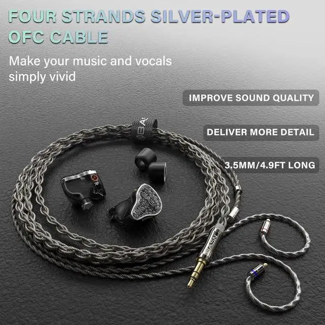 Alt view image 4 of 7 - Bmaster5 in Ear Monitors, 1DLC Diaphragm+4BA 5 Drivers Drummers Headphones with Silver-Plated OFC Cable, Noise Isolation IEM Earbuds for Musicians (Midnight Black)