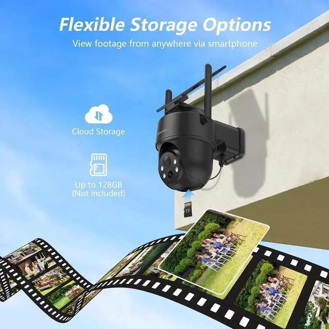 Alt view image 2 of 7 - 2K Security Cameras Wireless Outdoor-360° PTZ Cameras for Home Security with Solar Panel/Battery Powered, Night Vision, Two-Way Audio, PIR Sensor, Works with Alexa, R1 4P Black (2.4Ghz Only)