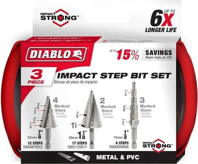 Alt view image 2 of 2 - Diao Iact Strong Step Drill Bit Set - Fast, Precise Drilling in Thin Metals, Plastic and Steel - Split Point Tip, Optimized Dual Flute Dgn, 3-Piece Set - DSDS003