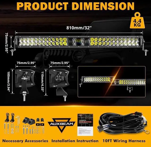 Alt view image 3 of 7 - 32 Inch LED Light Bar, P8/270W Chips Dual Row Off Road Lights Flood Spot Combo Driving Work Light, 33000LM Waterproof Offroad Lights with Wiring Harness for SUV ATV UTV Trucks Jeep Pickup