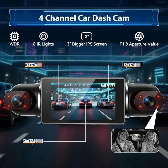 Alt view image 5 of 7 - 4 Channel Car Dash Cam 360° Coverage - Front 2K + Triple 1080P HD Car Camera Built-in WiFi Dash Camera with App, G-Sensor/Night Vision/Parking Mode/Loop Recording Free 64GB SD Card