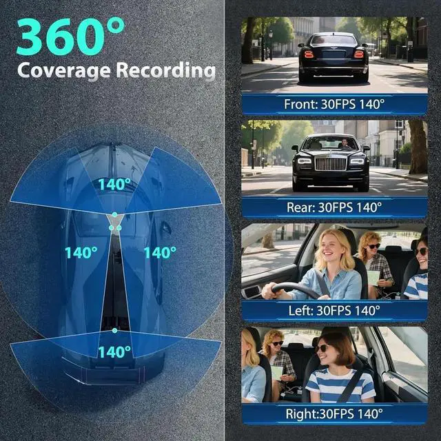 Alt view image 3 of 7 - 4 Channel Car Dash Cam 360° Coverage - Front 2K + Triple 1080P HD Car Camera Built-in WiFi Dash Camera with App, G-Sensor/Night Vision/Parking Mode/Loop Recording Free 64GB SD Card