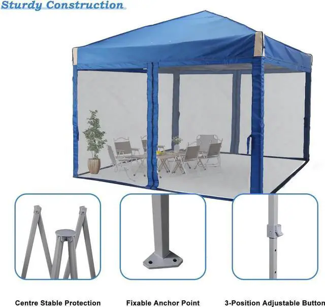 Alt view image 4 of 7 - 10x10 Ft Pop Up Canopy Tent with Netting, Water-Resistant 210D Oxford Fabric Shade, Easy Assembly Commercial Gazebo with Wheeled Carry Bag & 4 Sand Bags for Camping, Party, Blue