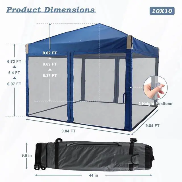 Alt view image 2 of 7 - 10x10 Ft Pop Up Canopy Tent with Netting, Water-Resistant 210D Oxford Fabric Shade, Easy Assembly Commercial Gazebo with Wheeled Carry Bag & 4 Sand Bags for Camping, Party, Blue