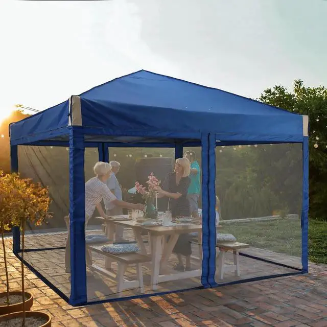 Alt view image 7 of 7 - 10x10 Ft Pop Up Canopy Tent with Netting, Water-Resistant 210D Oxford Fabric Shade, Easy Assembly Commercial Gazebo with Wheeled Carry Bag & 4 Sand Bags for Camping, Party, Blue