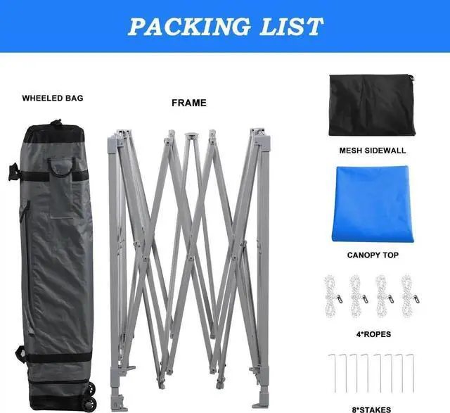 Alt view image 6 of 7 - 10x10 Ft Pop Up Canopy Tent with Netting, Water-Resistant 210D Oxford Fabric Shade, Easy Assembly Commercial Gazebo with Wheeled Carry Bag & 4 Sand Bags for Camping, Party, Blue