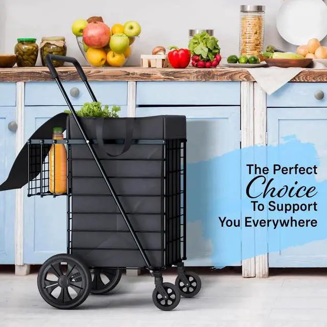 Alt view image 6 of 6 - Shopping Cart w/Waterproof Basket Liner & 360° Swivel Wheels | Foldable Collapsible & Lightweight | Perfect for Groceries Laundry Utility Cart - Black