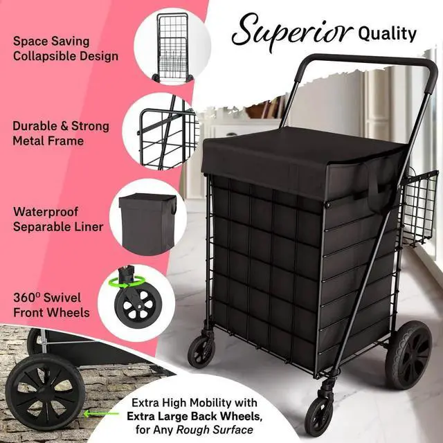 Alt view image 4 of 6 - Shopping Cart w/Waterproof Basket Liner & 360° Swivel Wheels | Foldable Collapsible & Lightweight | Perfect for Groceries Laundry Utility Cart - Black