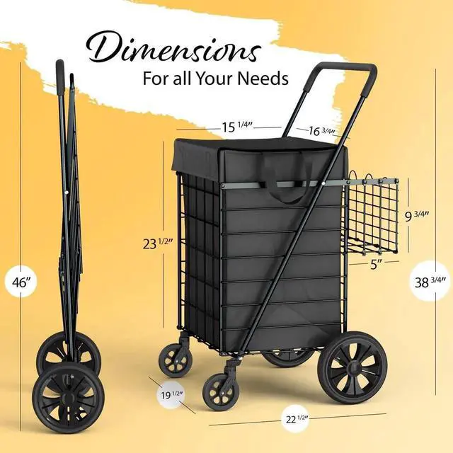 Alt view image 5 of 6 - Shopping Cart w/Waterproof Basket Liner & 360° Swivel Wheels | Foldable Collapsible & Lightweight | Perfect for Groceries Laundry Utility Cart - Black