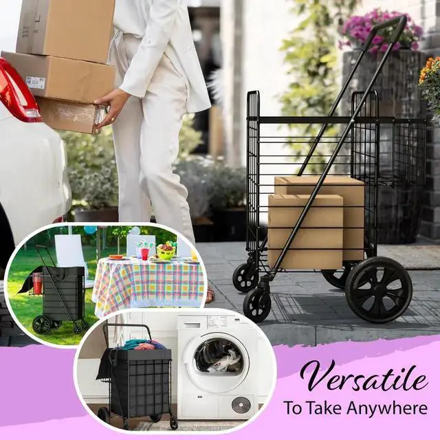 Alt view image 3 of 6 - Shopping Cart w/Waterproof Basket Liner & 360° Swivel Wheels | Foldable Collapsible & Lightweight | Perfect for Groceries Laundry Utility Cart - Black