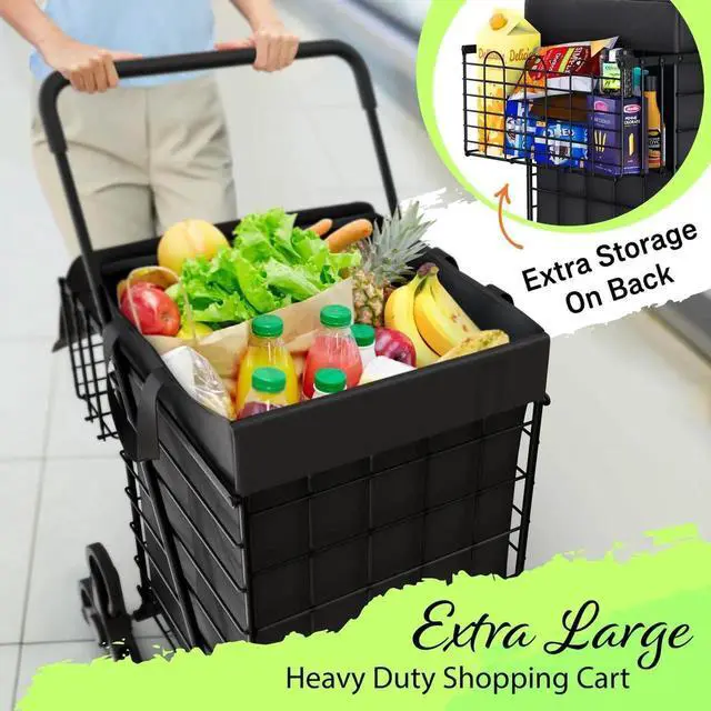 Alt view image 2 of 6 - Shopping Cart w/Waterproof Basket Liner & 360° Swivel Wheels | Foldable Collapsible & Lightweight | Perfect for Groceries Laundry Utility Cart - Black