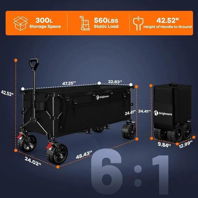 Alt view image 7 of 7 - 48" L Collapsible Wagon Cart Foldable, 560lbs Weight Capacity 300L Heavy Duty Folding Beach Wagons with Big All-Terrain Wheels, Utility Carts for Groceries, Shopping, Camping, Sports - Black