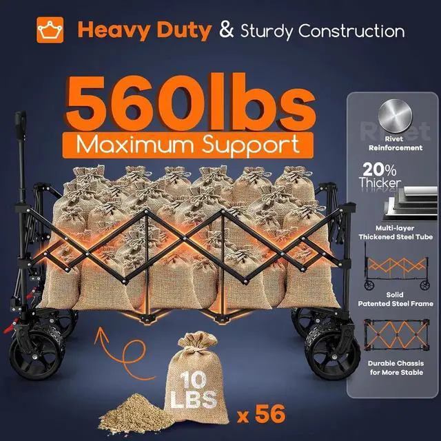 Alt view image 3 of 7 - 48" L Collapsible Wagon Cart Foldable, 560lbs Weight Capacity 300L Heavy Duty Folding Beach Wagons with Big All-Terrain Wheels, Utility Carts for Groceries, Shopping, Camping, Sports - Black