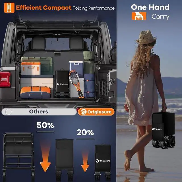 Alt view image 5 of 7 - 48" L Collapsible Wagon Cart Foldable, 560lbs Weight Capacity 300L Heavy Duty Folding Beach Wagons with Big All-Terrain Wheels, Utility Carts for Groceries, Shopping, Camping, Sports - Black