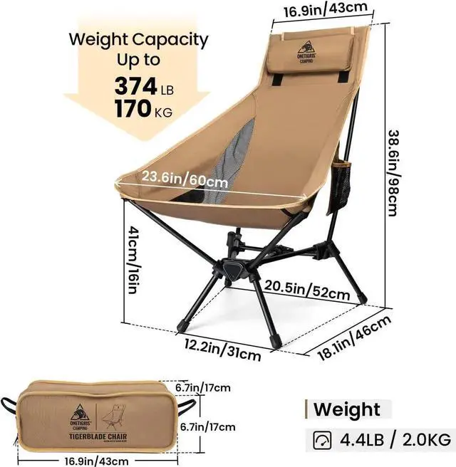 Alt view image 5 of 7 - Tigerblade High Back Camping Chair with Pillow Design, Comfortable Widened Seat Folding Chair