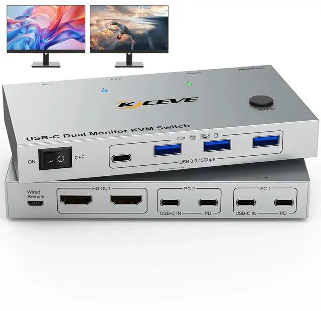 Main image of KVM Switch 2 Monitors 2 Laptops USB C,4K@60Hz USB C Dual Monitor KVM Switch for 2 Laptops Share 4 USB 3.0 Devices with 80W PD,Wired Remote and Cables Included
