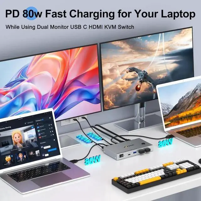 Alt view image 7 of 7 - KVM Switch 2 Monitors 2 Laptops USB C,4K@60Hz USB C Dual Monitor KVM Switch for 2 Laptops Share 4 USB 3.0 Devices with 80W PD,Wired Remote and Cables Included