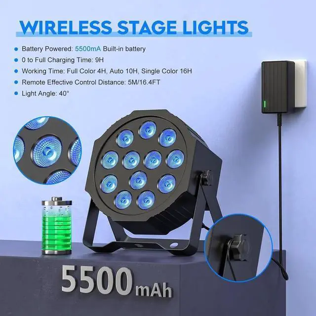 Alt view image 5 of 7 - Battery Powered Stage Lights, Rechargeable Par Can Lights with DMX/Remote/Sound Activated, RGBW 4 in 1 LED Uplights for Events Wedding Party Club Concert Indoor 1Pack