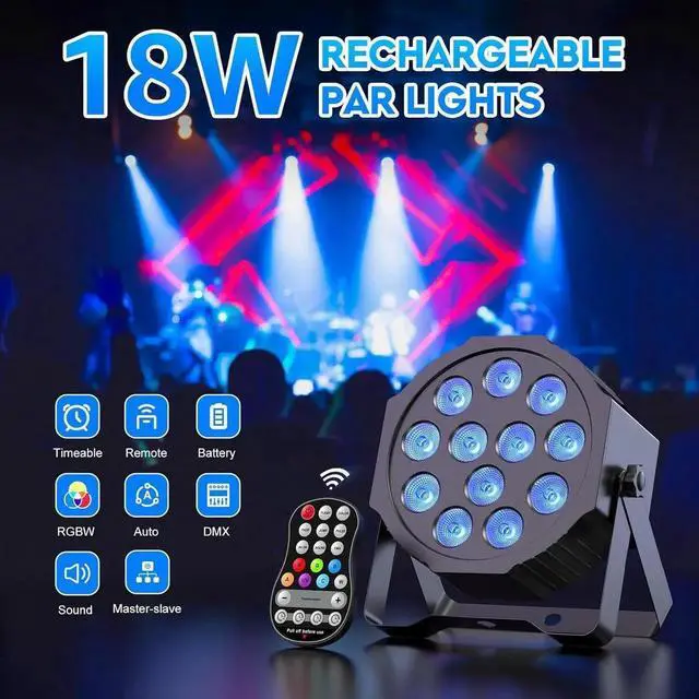 Alt view image 2 of 7 - Battery Powered Stage Lights, Rechargeable Par Can Lights with DMX/Remote/Sound Activated, RGBW 4 in 1 LED Uplights for Events Wedding Party Club Concert Indoor 1Pack