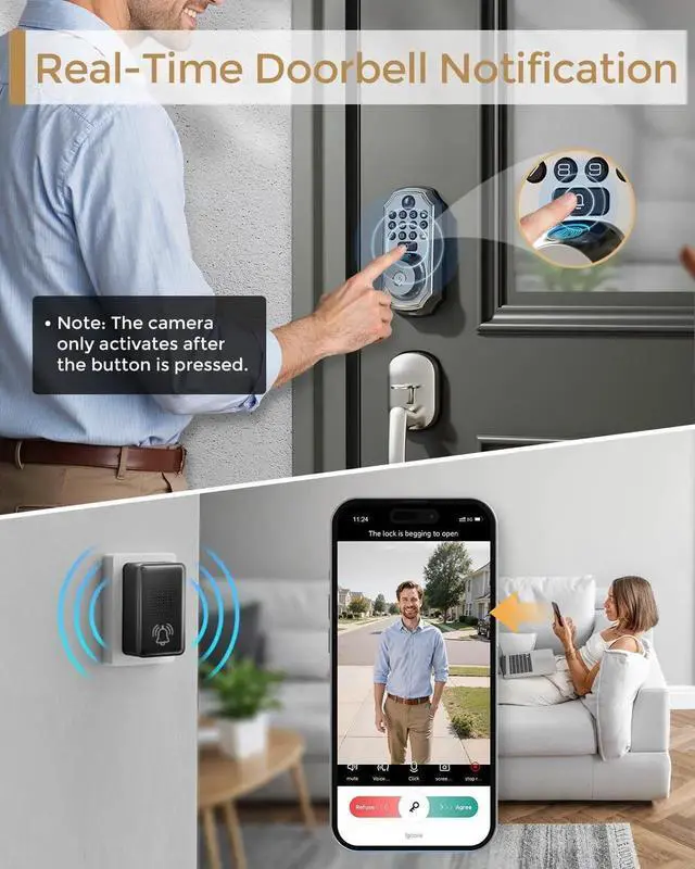 Alt view image 3 of 7 - WiFi Smart Lock with Camera - Keyless Entry Deadbolt with Handle Set, 5-in-1 Camera+Doorbell+Fingerprint+Keypad, App Control, Auto Lock, Easy Install, Waterproof for Front Door, Satin Nickel