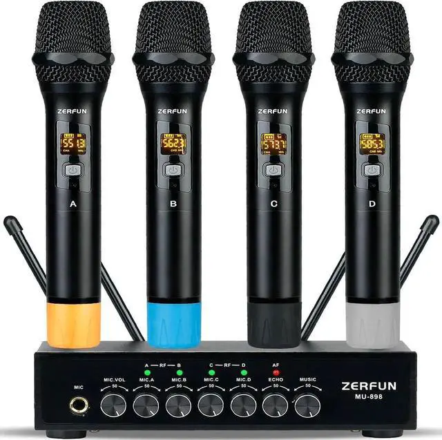 Main image of Pro Wireless Microphone System 4 Channel, UHF Metal Cordless Handheld Mics with Echo Bluetooth for Church Karaoke Singing, 4x50 Adjustable Frequency(MU-898 Battery 4 Handheld)