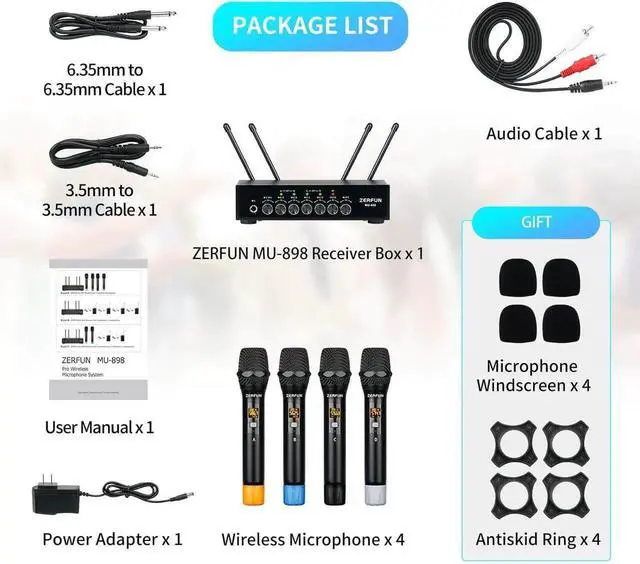 Alt view image 5 of 7 - Pro Wireless Microphone System 4 Channel, UHF Metal Cordless Handheld Mics with Echo Bluetooth for Church Karaoke Singing, 4x50 Adjustable Frequency(MU-898 Battery 4 Handheld)