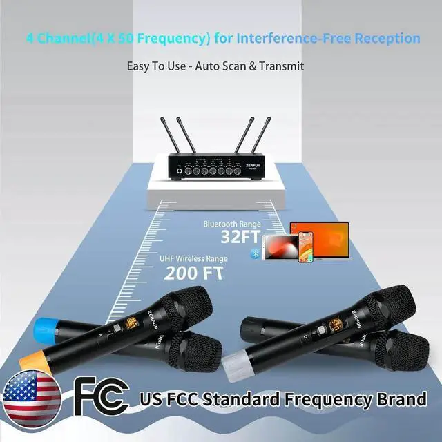 Alt view image 3 of 7 - Pro Wireless Microphone System 4 Channel, UHF Metal Cordless Handheld Mics with Echo Bluetooth for Church Karaoke Singing, 4x50 Adjustable Frequency(MU-898 Battery 4 Handheld)