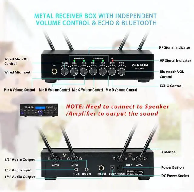 Alt view image 4 of 7 - Pro Wireless Microphone System 4 Channel, UHF Metal Cordless Handheld Mics with Echo Bluetooth for Church Karaoke Singing, 4x50 Adjustable Frequency(MU-898 Battery 4 Handheld)
