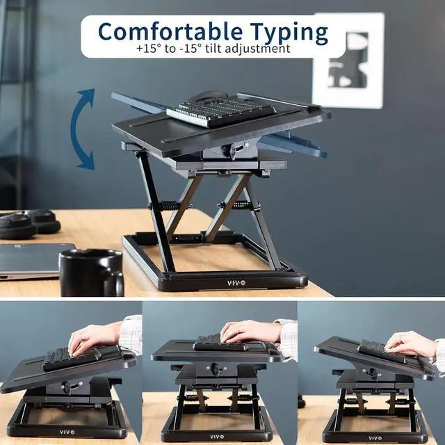 Alt view image 5 of 7 - Single Top 30 inch Tilting Scissors Lift Keyboard and Mouse Riser, Height Adjustable Laptop Desk, for Ergonomic Sit Stand Workstations, Black, Desk-TKR1