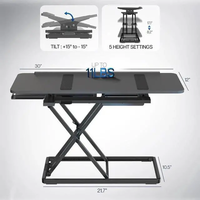 Alt view image 2 of 7 - Single Top 30 inch Tilting Scissors Lift Keyboard and Mouse Riser, Height Adjustable Laptop Desk, for Ergonomic Sit Stand Workstations, Black, Desk-TKR1